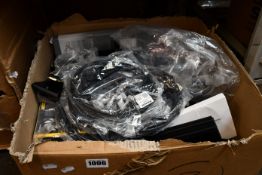 A box of assorted as new and pre-owned cables, small electrical items and accessories.