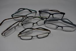Six pairs of as new glasses frames with clear glass to include Orange, Charles Stone, Vulkan,
