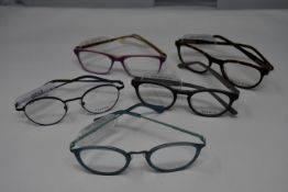 Five pairs of as new glasses frames with clear glass to include Yous, Serge Blanco and Vulkan (