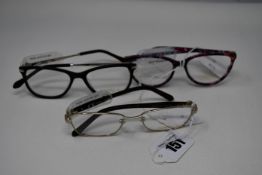 Three pairs of as new Opera glasses frames with clear glass (RRP £110 and £130).
