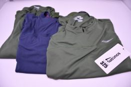Three as new Saucony Zipline short sleeve running tops (2 x men's M, 1 x ladies S).