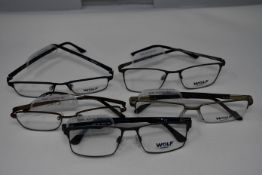 Five pairs of as new Wolf glasses frames with clear glass (RRP £140 each).