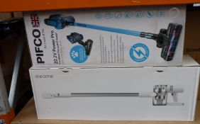 A boxed as new Pifco Power Pro cordless vacuum cleaner (22.2v) together with a Dreame cordless V9P