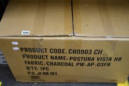 One boxed as new Postura Vista ergonomic office chair in charcoal grey.