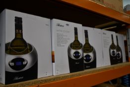 Five boxed as new Hostess Single Bottle Wine Chillers with LCD Temperature Display in Black & Silver