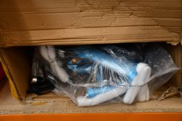 One boxed folding bicycle in blue and white (Model unknown).