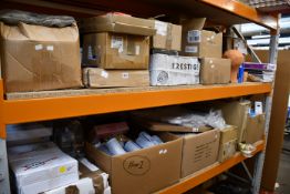 Two shelves of miscellaneous stationery/craft and office supplies to include Scola Colourclay