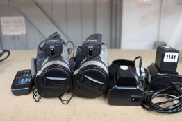 Two Canon DM XM2E PAL 3CCD Digital MiniDV Camcorders with two batteries, two battery chargers, two