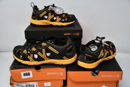 Three pairs of boys as new Merrell M-Hydro Choprock black/orange walking shoes (UK 10, 12, 3).