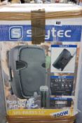 One boxed Skytec mobile active speaker karaoke set with two Skytec SPI-microphones and remote (