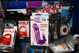 Six Toyjoy sex toy anti bacterial cleaner (150ml), two CalExotics Colt dual support ring, a