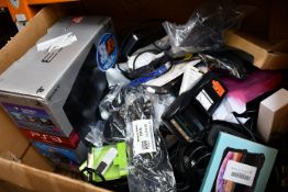 A box of assorted as new and pre-owned cables, small electrical items and accessories.