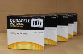 Five boxes of 60 as new Duracell Activair hearing aid batteries (Size 10).