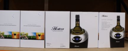 Five boxed as new Hostess Single Bottle Wine Chillers with LCD Temperature Display in Black & Silver