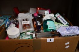 One box of miscellaneous as new toiletries, fragrances, cosmetics and related items.