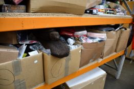 Five boxes of miscellaneous items to include cleaning products, hardware and tools.