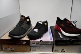 Three pairs of as new Skechers footwear; Delson Camben (UK 11), Skech Flex Appeal 3.0 (UK 7) and