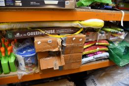 A quantity of garden related items to include four boxed as new Foras Vintage Snuffles, one wooden