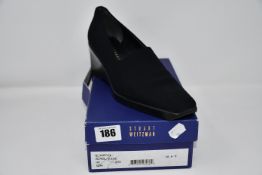 A pair of pre-owned Stuart Weitzman Expo canvas square toe wedges (9.5?).