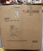 A boxed as new Dynamic Dura designer mesh backed operators chair in grey.