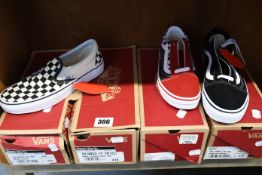 Two pairs of as new Vans Classic slip-ons (UK 5 and 6) and two pairs of Vans Old Skool (UK 4.5 and