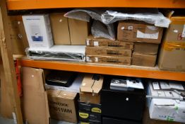 Two shelves of miscellaneous furniture and household related items to include steel safes,