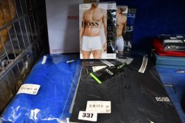 An as new Hugo Boss quarter zip top (M), polo shirt (L), twin pack of round neck t-shirts (M), three
