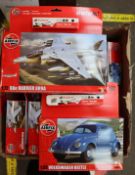 Eleven boxed as new Airfix kits to include Bae Harriers GR94 1:72 and Volkswagen Beetle 1:32.