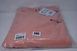 Two as new Champion relaxed hoodies with chest logo in light pink (1 x M, 1 x L).