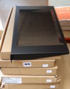 Eight vented black 1U rack shelves, boxed as new.