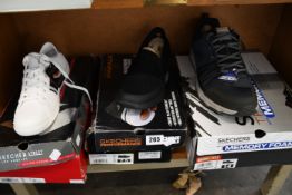 Three pairs of as new Skechers footwear; Goldie Collegiate Cruizers (UK 5.5), Escape Plane (UK 13)