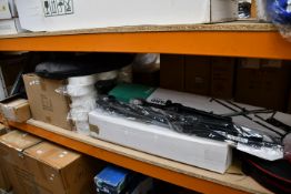 A quantity of music stands, tripods and related items to include one boxed as new Stagg keyboard