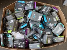 A box of assorted as new and pre-owned cables, small electrical items and accessories.