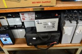 A quantity of batteries and related items to include Yucel Y17-121, Yuasa NP12-12 and Cell Pack
