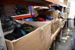 Five boxes of assorted clothing and related items.