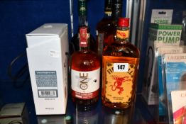 Six bottles of miscellaneous whisky to include Monkey shoulder whisky (700ml) and one Three Barrells