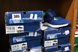 Five pairs of children's as new Skechers Speed Blitz trainers (UK 11.5, 12, 12.5, 13, 1.5).