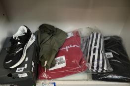 As new Champion clothing; black sweatshirt (L), striped shorts (L), hoodie (L), t-shirt (S) and