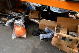 A quantity of miscellaneous fitness equipment and related items to include one Rogue fitness 20kg