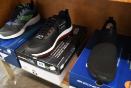 Three pairs of as new Skechers footwear; Bounder Verkona (UK 8), Skech-Air Element 2.0 (UK 8) and