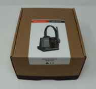 A boxed as new Plantronics Savi W8220 Wireless DECT Stereo Headset with Dock (Box opened).