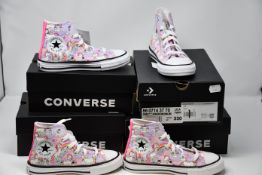 Four pairs of as new junior Converse CTAS Hi Neon Unicorn sneakers (UK 11, 12, 13, 1).