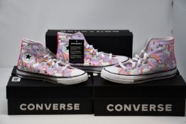 Three pairs of as new Converse CTAS Hi Neon Unicorn sneakers (UK 2, 4, 5).