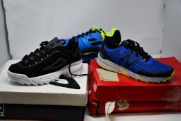 Three pairs of as new trainers; New Balance MTNTRLC3 (UK 7), Babolat Shadow Team (UK 8) and Fila