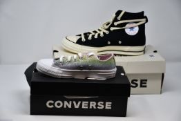 A pair of Converse All Star Hi 70's (UK 9) and CTAS rainbow Glitter Ox (UK 3).