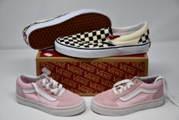 Three pairs of as new Vans footwear; Classics (UK 6.5), children's Old Skool (UK Kids 12.5) and