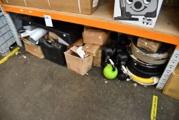 A quantity of weights and related items to include kettlebells and dumbbells of various size and