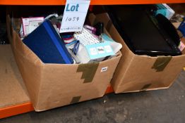Two boxes of assorted as new mobile phone and laptop cases, small electrical items and a pre-owned