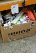 A box of assorted as new and pre-owned cables, small electrical items and accessories.