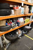 A quantity of car and bike related items to include tyres, bike locks and coolant antifreeze.